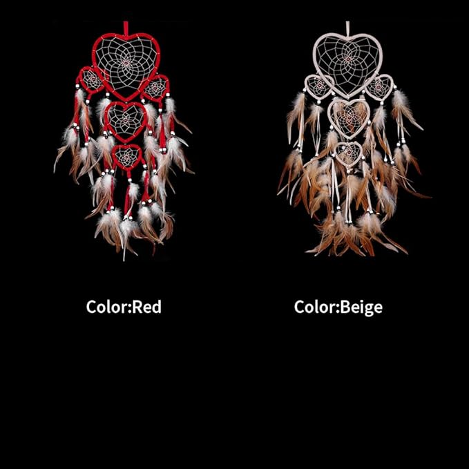 Dream Catcher with Feathers, Heart Shaped Dream Catcher Indians Traditional Love Net Wall Hanging Bedroom Home Car Decor (Red)
