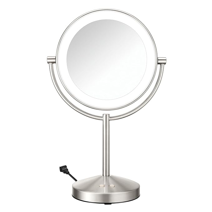 Conair Lighted Makeup Mirror, Double-Sided Vanity Mirror with 1X/10X Magnification, 3 Color Modes and 360 Rotation, Satin Nickel, BE401X2