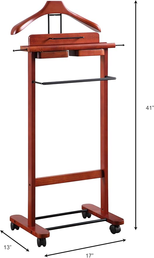 Proman Products Deluxe Suit Valet Stand VL36204 with Top Tray, Slide Out Tray, Contour Hanger, Trouser Bar, Tie & Belt Hooks and Shoe Rack, 17" W x 13" D x 41" H, Dark Cherry