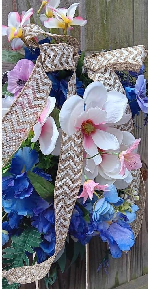 28" Lighted Spring Teardrop Swag for Front Door, Artificial Floral Hanging Decor with Eucalyptus, Magnolia, Burlap Bow & White Berries, Farmhouse Style for Porch