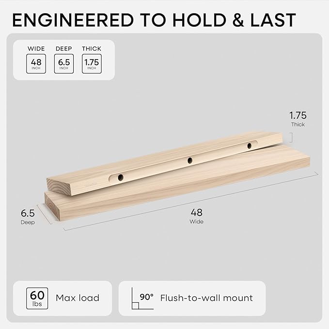 Homeforia Wood 48 inch Floating Shelf, High End Solid Natural Wood 48inch Floating Shelves for Wall Mounted, Unfinished Wooden Large Floating Shelves, Heavy Duty Bracket, 48 X 6.5 X 1.75 in, Set of 3