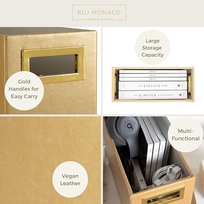 BLU MONACO | Magazine Holder Wooden Gold Basket | Vertical File Organizer for Floor or Bathroom | Narrow Decorative Storage Rack with Handles