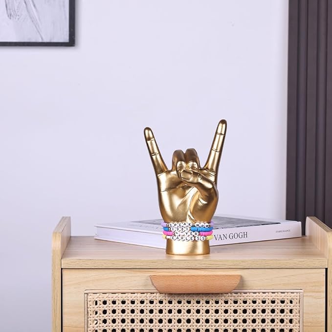 QIANLING 7.7" Gold Resin Rock On Hand Gesture Statue - Rock Culture Music Lovers' Decorative Tabletop Sculpture for Bookshelf, Desk & Mantel Decor in Home or Office, Modern Symbolic Figurine