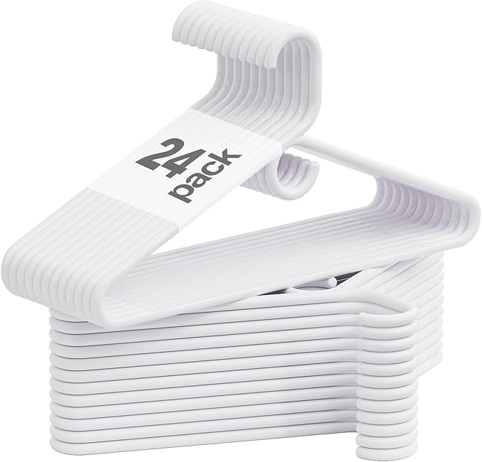 White Plastic Hangers 24 Pack, Heavy Duty Clothes Hangers for Standard Size Hangers with Center Hook & Non-Slip Pants Bar for Shirts, Pants, Coat, Dresses, Jackets, Scarves and Belts