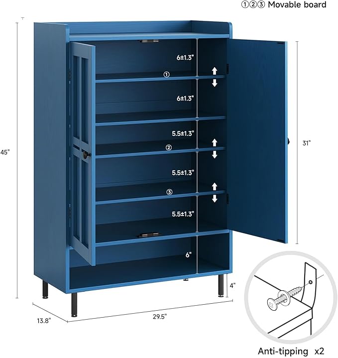 Blue 7+1 Tier Farmhouse Shoe Storage Cabinet - 45" Tall Entryway Organizer with Cross Molding Doors, 3 Adjustable Shelves & Metal Legs, Shoe Rack for Front Door Entrance