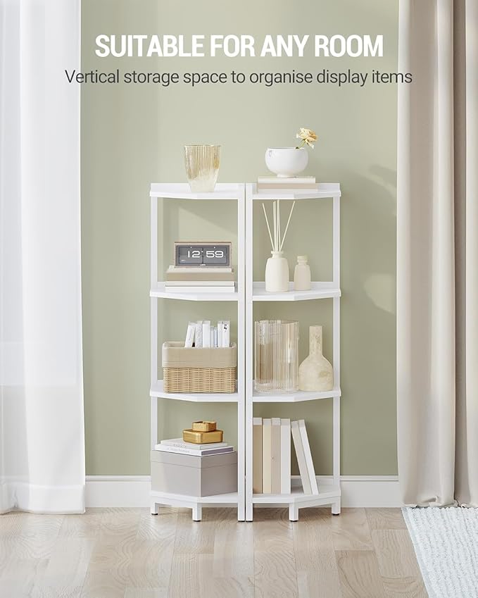 Hzuaneri Corner Shelf Stand, Corner Bookshelf, Storage Standing Shelf Unit with Metal Frame, Plant Stand, Bookcase for Living Room, Home Office, Bedroom, 4-Tier White CS05813W