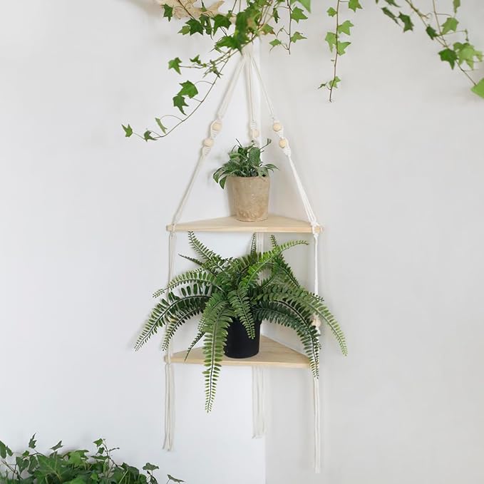 Artilady Corner Shelf White Wall Hanging - 2 Tier Wood Floating Shelves, Rustic Boho Wall Shelf Decor Hand Woven Cotton Rope Storage Rack for Plants Pots Photo Frames (White)