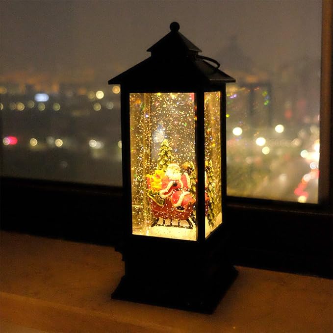 Wondise Lighted Musical Snow Globe Lantern with 6 Hour Timer, 12 Inches USB Powered & Battery Operated Spinning Water and Swirling Glitter Christmas Snow Globe Lantern Gifts(Santa Claus and Sleigh)