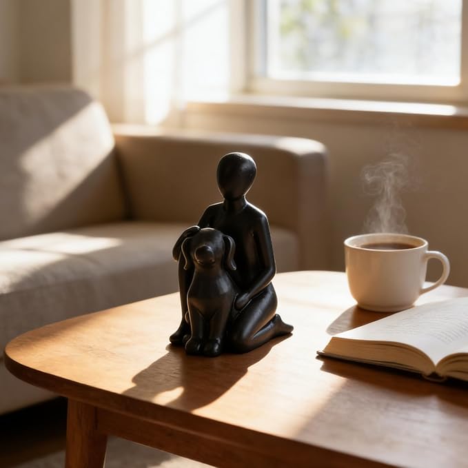Dog Statue Home Decor, Man with Dog Sculpture for Desk Office Living Room, Hand-Painted Resin Figurine - Memory Gift for Pet Lovers, Dog Dad, Christmas & Housewarming (Black)