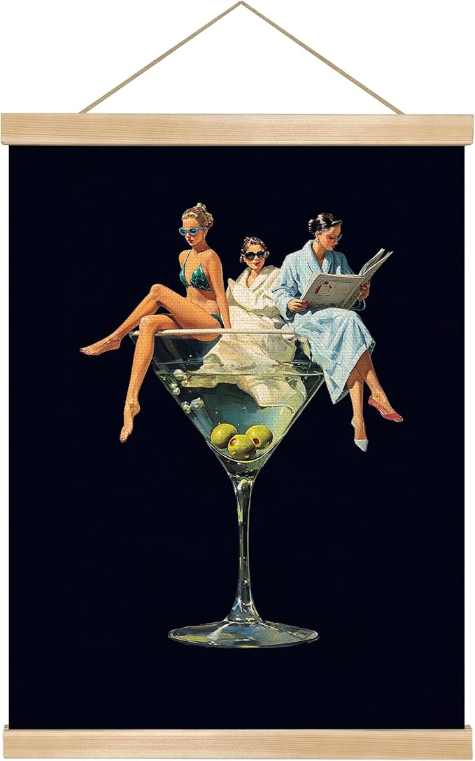 Martini Girl Wall Art, Vintage Glam Cocktail Poster, Retro Fashion Woman in Martini Glass Canvas Print, Chic Bar Lounge Wall Decor for Dining Room Kitchen or Home Office 14x18.5 Inch (Black-Woman04)