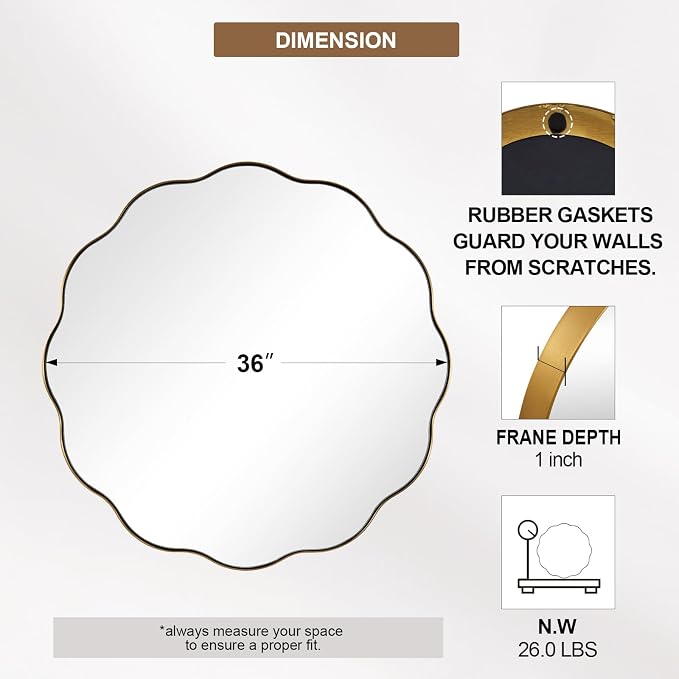 ANDY STAR Brushed Gold Round Wall Mirror 36 Inch, Brass Round Bathroom Mirrors for Over Sink, Anti-Rust Brass Circle Frame for Bathroom, Entryway