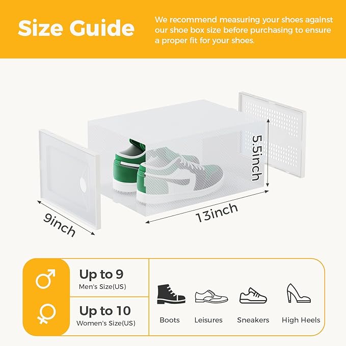 NEWBULIG 12 Pack Clear Shoe Storage Boxes, Shoe Organizer for Closet with Lid, Plastic Stackable Breathable Shoe Cabinet with Lid for Sneakers, Heels & Boots, White