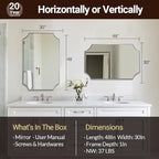 ANDY STAR 30x48 Inch Chrome Mirror, Large Scalloped Bathroom Mirror, Unique Rectangle Mirror with Rust-Proof Stainless Steel 1" Frame, Hangs Vertically or Horizontally