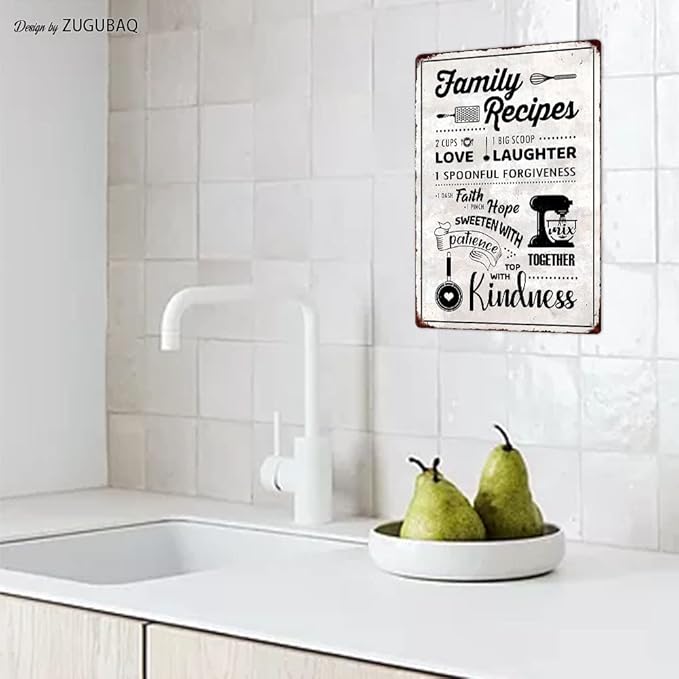 Funny Kitchen Signs Decor-Kitchen Farmhouse Decor-Personalized Kitchen Metal Sign-Retro Kitchen Counter Accessories-12x8 Inch Hanging Plaque Home Wall Decorations-Family Recipes