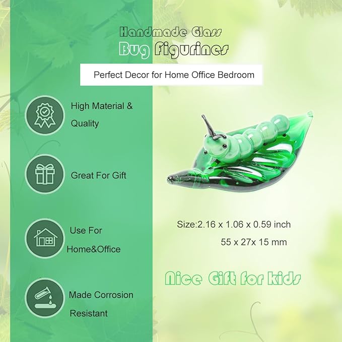 Tiny 2.16" Long Green Worm Figurine - Miniature Hand Blown Glass Bug Insect Colorful Crystal Animals Statue Decorative Collectible Figurines Décor Gifts