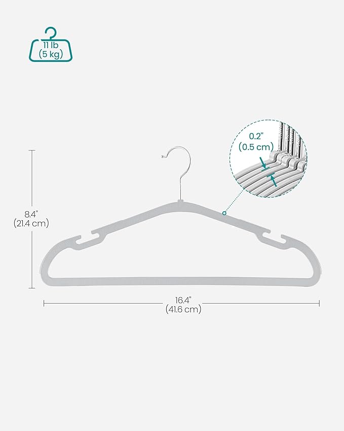 SONGMICS Clothes Hangers 50 Pack, Heavy-Duty Plastic Hangers, Coat Hangers with Wide Shoulder Notches, Pant Bar, 360° Swivel Hook, Space-Saving, 16.4 Inches, for Closet, Gray UCRP060G01
