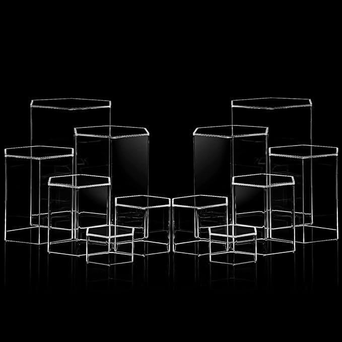 Jetec 6 Pcs Hexagonal Jewelry Display Risers Hexagonal Market Display Risers Stands Acrylic Showcase Acrylic Stand for Jewelry Model Figures Decoration, 6 Sizes (Clear)