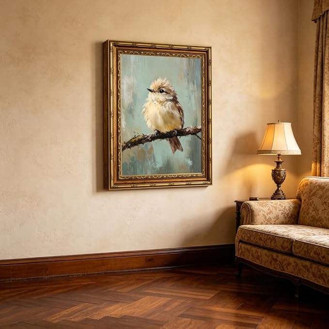 Large Gold Framed Bird Canvas Wall Art Vintage Bird Beige Sparrow painting Decor Pictures Sparrow on Branch Bedroom Living Posters Prints for Corridor Classroom Bedroom Kitchen Room Decoration