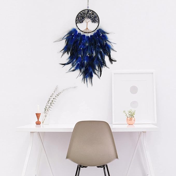 Pretty Jolly Fairy Blue Tree of Life Dream Catcher Wall Decor with Healing Crystal Stone Handmade Feather Dream Catchers Decoration Wall Hanging Bedroom Living Room Wedding Party Home Decor-25.6"