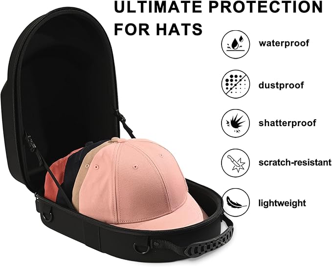Black hard hat box baseball cap storage box with handle and adjustable shoulder strap suitable for travel and home storage