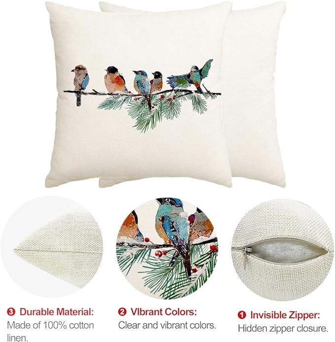 RABUSOFA Christmas Pillow Covers 18x18 Inch Birds Christmas Decorations Christmas Winter Throw Pillow Cases Xmas Outdoor Birds Decor Decorative Pillows for Couch Holiday Teal