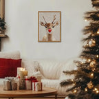 Framed Christmas Wall Art, Vintage Red Nose Reindeer Canvas Wall Decor Paintings, Rustic Winter Cute Deer Pictures Prints Farmhouse Home Decoration for Living Room Bedroom 12×16 inch