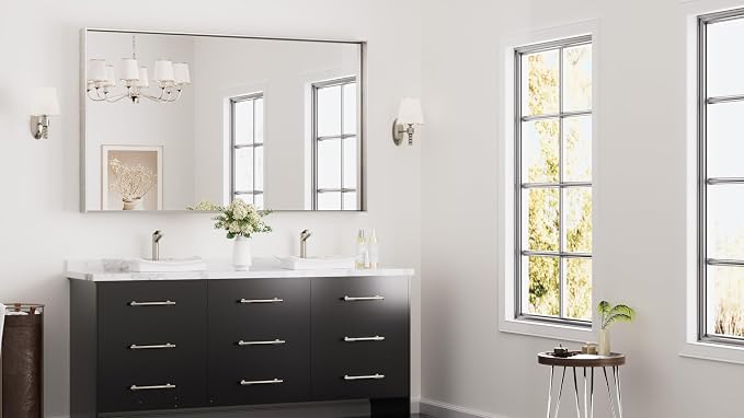 Keonjinn 60 x 36 in Brushed Nickel Bathroom Mirror, Rectangular Metal Framed Wall Vanity Mirror for Over Sink Square Corner Aluminum Alloy Modern Decorative Rectangle Mirror(Horizontal/Vertical)