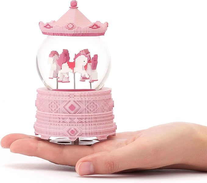 Pixel-Design Carousel Snow Globe Music Box, Compact Decorative Gift for Collectors and Home Accents, Subtle Pink Edition, Plays Toyland Melody