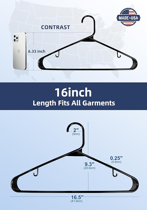 HOUSE DAY Made in USA 7200 Pack 16 Inch Plastic Hangers Bulk, Pallet Package for Business, Commercial Hangers for Retail Store, Hotel, Laundry - Smooth & Non-Slip Design, 6 lb Weight Capacity (Black)