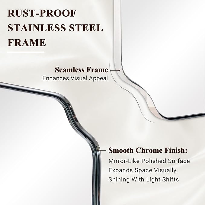 ANDY STAR Chrome Bathroom Mirror, 30x40 Inch Polished Chrome Rectangle Mirror, Scalloped Mirror for Bathroom, Anti-Rust Stainless Steel Metal Frame 1’’, Unique Shape Ideal for Home Remodel