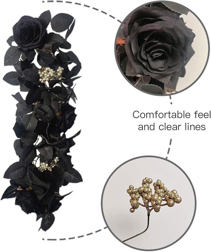 Artificial Rose Flower Swag,Artificial Sunflower Swag, 24 Inch Decorative Swag with Pumpkins Berries and Black Leaves for Halloween Home Front Door Lintel Wedding Arch Party Tabletop Wall Decor(#2)