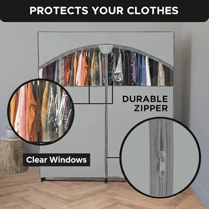 HOLDN’ STORAGE Portable Wardrobe Closet - 65 lb Large Capacity, Internal Heavy Duty Metal Rod, Zipper & Clear Window, Durable Clothes Organizer, Tool-Free Easy Assembly, Gray Canvas Cover