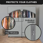 HOLDN’ STORAGE Portable Wardrobe Closet - 65 lb Large Capacity, Internal Heavy Duty Metal Rod, Zipper & Clear Window, Durable Clothes Organizer, Tool-Free Easy Assembly, Gray Canvas Cover