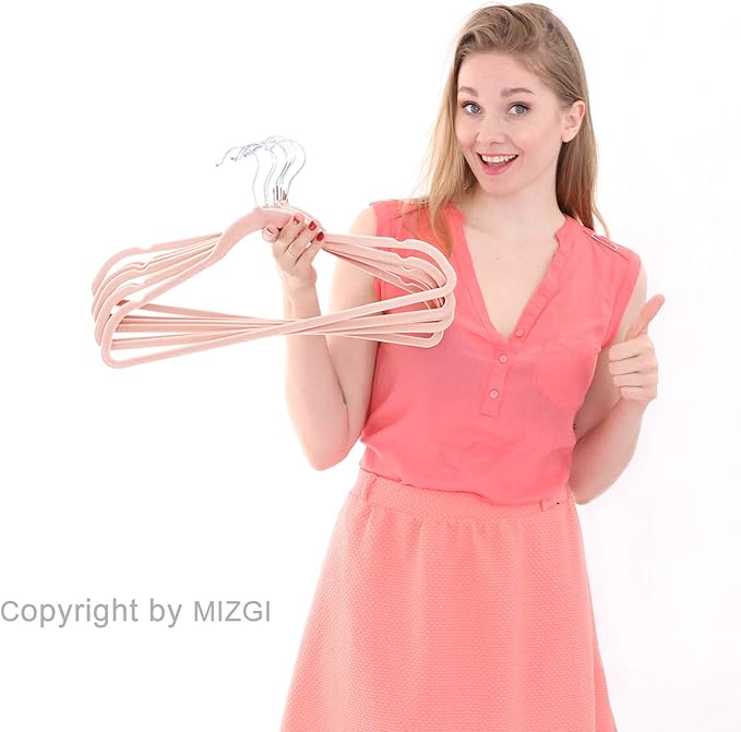 MIZGI Premium Velvet Hangers (50 Pack) Heavyduty - Non Slip Felt Hangers - Velvet Suit Hanger Blush Pink/Rose - Chrome Hooks,Space Saving Clothes Hanger