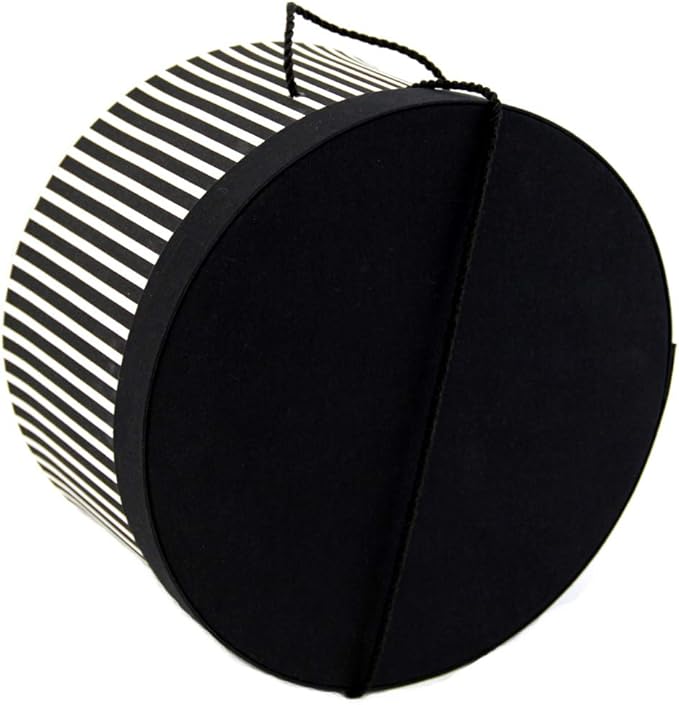 Sarah's Hat Boxes Classic Black/White Stripe Hat Box – 14.75" x 7.5" (Dia. x Ht.) Handmade in USA – Odorless Non-Toxic Adhesive, Cording Handle – Premium Storage for Hats & Accessories