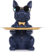 QIANLING Modern Decor Resin Navy Blue Bulldog Statue Tray - Storage Key Holder, Candy, Jewelry, Earrings - Suitable for Home, Dining Table, Office - Modern Art Small Object Tray