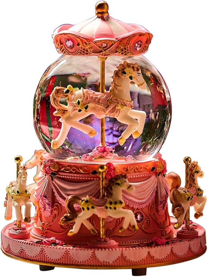 Carousel Horse Music Box Snow Globe, Light Up Pink Unicorn Design, Christmas Decor, Birthday, Valentine's Day Gift for Girls/Women Kids