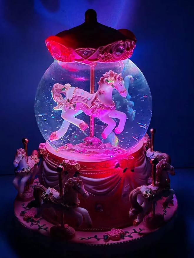 Carousel Horse Music Box Snow Globe, Light Up Pink Unicorn Design, Christmas Decor, Birthday, Valentine's Day Gift for Girls/Women Kids