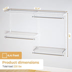 Wire Closet Organizer System, Wall Mounted 4.4 Ft. Custom Closet Kit for Bedrooms Laundry Mudroom Garage Basement, Adjustable Storage Shelves for Clothes Shoes Handbags