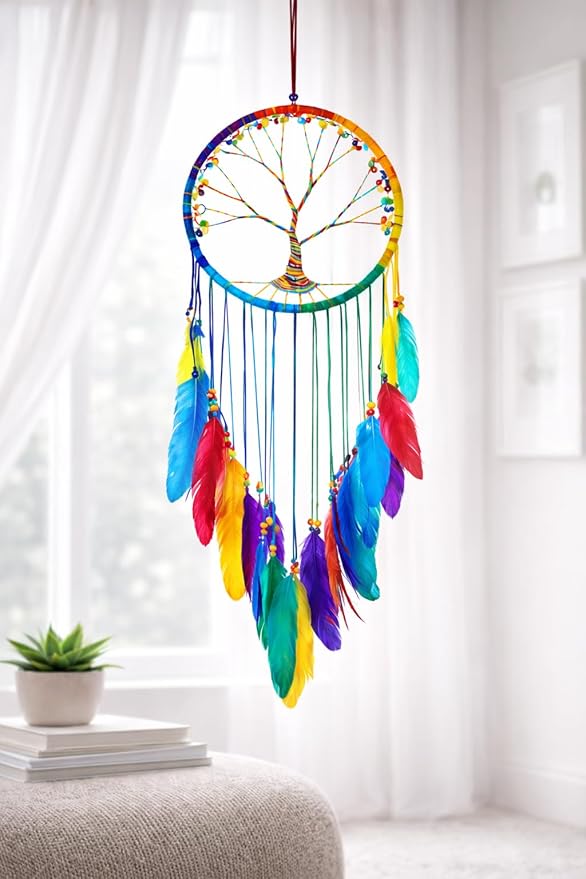OMA Chakra Rainbow Dream Catcher, Tree of Life Design with Feathers and Beads, Rainbow Suede Authentic Traditional Dream Catcher Boho Home Decor - Large Size - 36" Long x 11" Diameter (Rainbow)