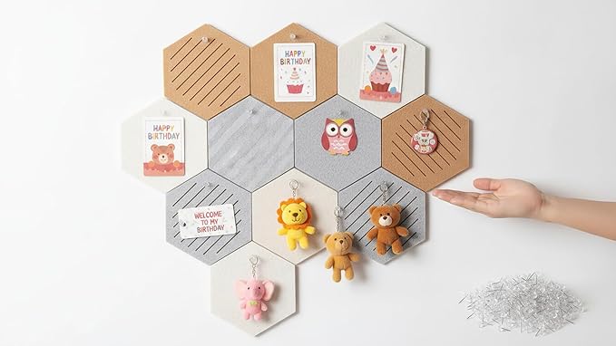 15'' Hexagon Cork Board Tiles Alternative 10 Pack, Adhesive Large Corkboard for Office Decorative, Hexagonal Felt Bulletin Board Tiles for Wall Vision Board, Sound Absorption Pin Board