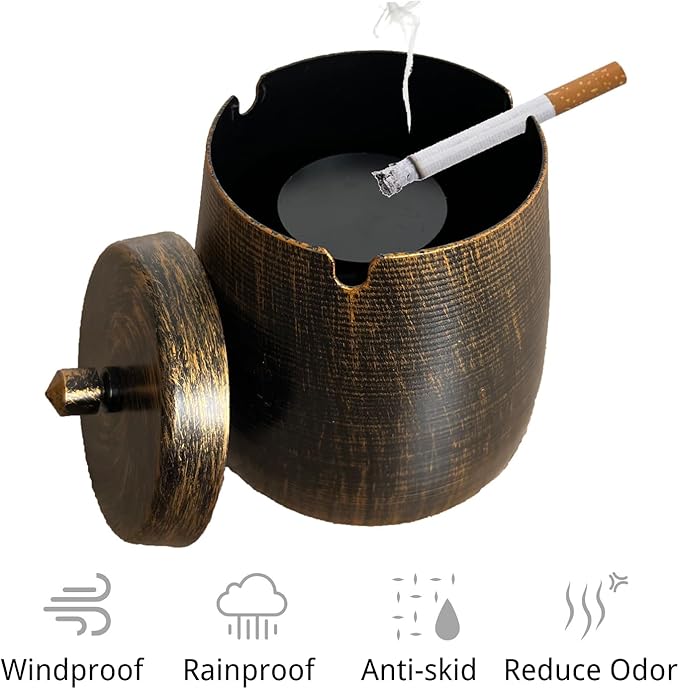 Ash Tray, Large Outdoor Ashtray with Lid, Ashtray for Outside Patio, Stainless Steel Windproof Smokeless Ash Tray for Balcony, Ashtrays for Smokers, Home Office Decoration