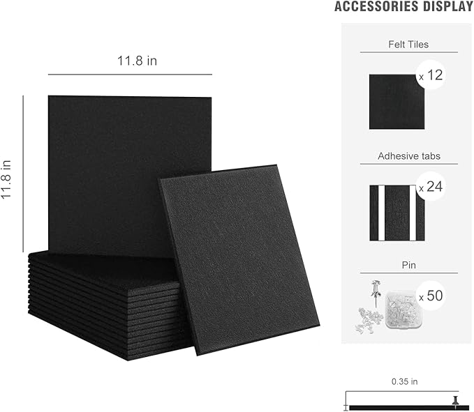 Large Cork Bulletin Board Wall - 48" x 36" Felt Pin Board TSJ OFFICE 12 Pack Tiles Set with 50 Pushpins & Safe Removable Adhesive Tabs, Corkboard for Office Home Office Decor Classroom Display - Black