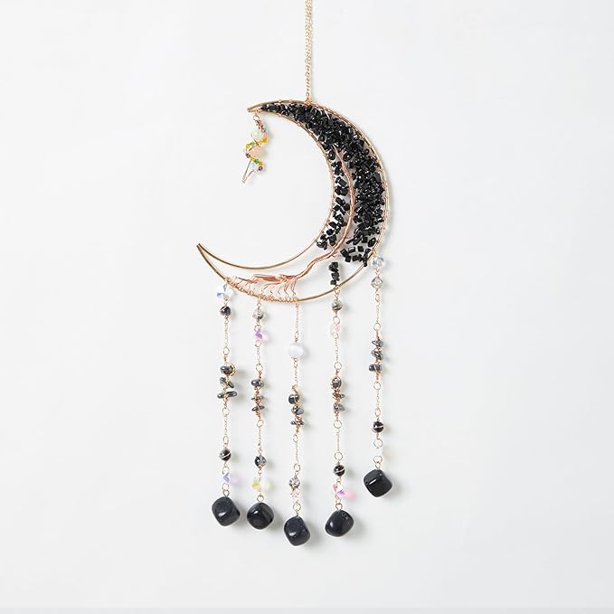 Black Gemstone Dream Catcher 7 Chakras Tree of Life Moon Dream Catcher with Healing Crystal Square Stones Handmade Dreamcatcher Wall Decor for Adults Boys Girls,Bedroom,Wedding,Garden,Bless Gift