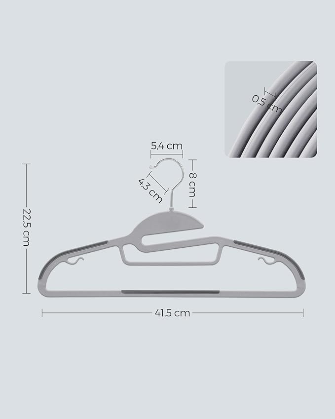 SONGMICS Conjunto de 50 Cabides Plásticos, Cabides com Abertura em U, que Economizam Espaço, 0,5 cm de Espessura, 41,5 cm de Comprimento, Gancho Giratório 360°, Cinza Claro e Escuro BRCRP41G-50