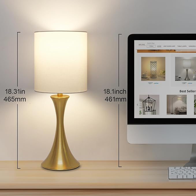 Gold Bedside Lamp Touch Control Table Lamp for Bedroom, 3-Way Dimmable Nightstand Lamp with White Shade, Modern Table Lamp for Living Room, Minimalist Desk Lamp for Dorm, Home, Office, Bulb Included