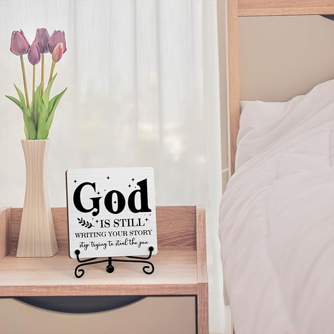 Inspirational Christian Desk Decor, God Is Still Wrting Your Story Sign, Desk Decorations For Office Home Living Room Bathroom, Eucalyptus Shelf Decor, Wooden Plaque With Stand (C12)
