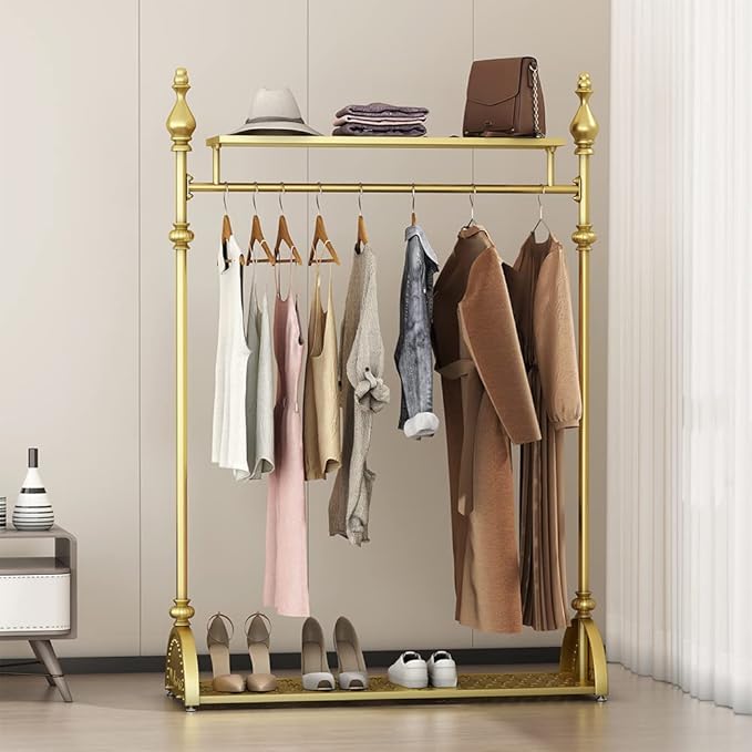Clothing Rack Gold, Industrial Clothes Rack for hanging Clothes with Double Shelves Freestanding Multi-functional Heavy Duty Garment Rack, Metal Movable Portable Coat Rack for Organizing Clothes Shoes