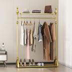 Clothing Rack Gold, Industrial Clothes Rack for hanging Clothes with Double Shelves Freestanding Multi-functional Heavy Duty Garment Rack, Metal Movable Portable Coat Rack for Organizing Clothes Shoes