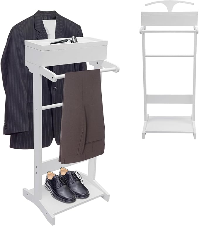 Wood Men Valet Stand with Drawer, Top Tray, Contour Hanger, Trouser Bar, Shoe Rack, Suit Valet Stand Clothes Stand Clothes Rack for Home Entryway Bedroom Office Boutique Mall, White
